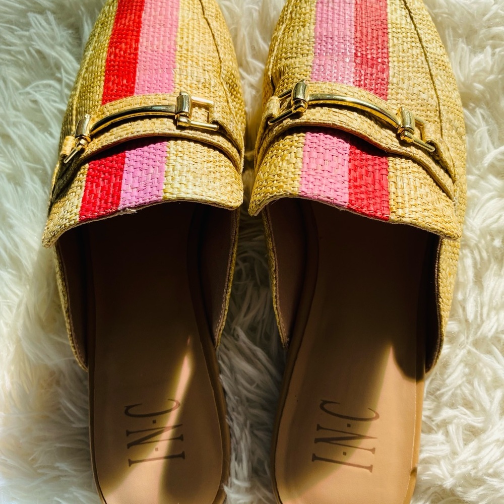 INC International Concepts Raffia Pink Red Mule Loafers Stripe Slide Shoes 9.5